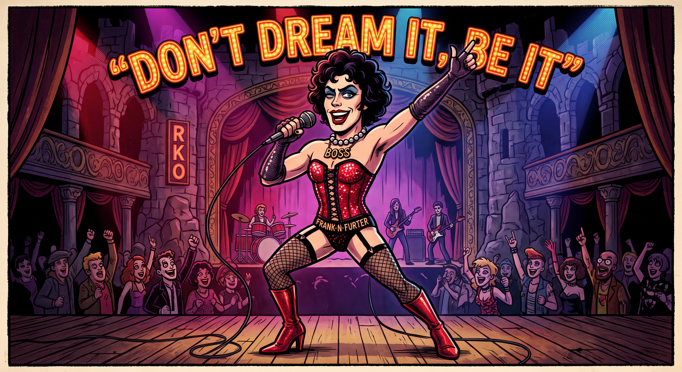 A colorful, comic-style tribute illustration of Tim Curry as Dr. Frank-N-Furter on stage, mid-performance, with the quote 'Don't Dream It, Be It' in marquee lettering above